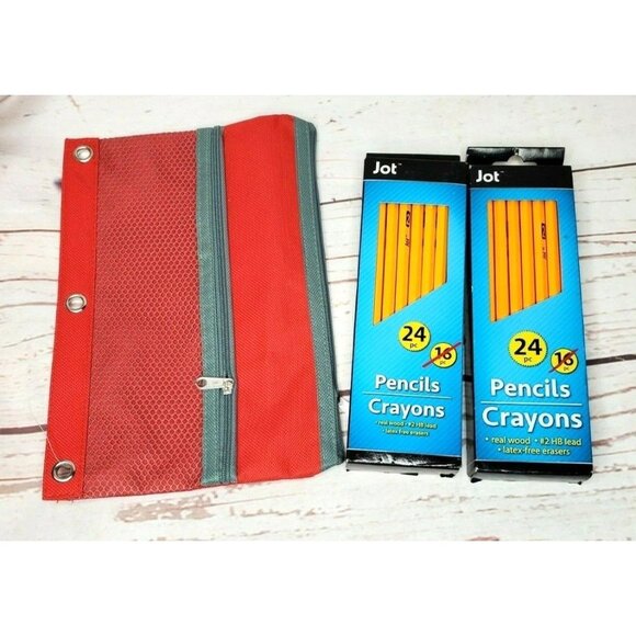 2 24 Pc Real Wood Latex Free Eraser Pencils & 1 Red Zipper Binder Pouch Bundle - Picture 1 of 6
